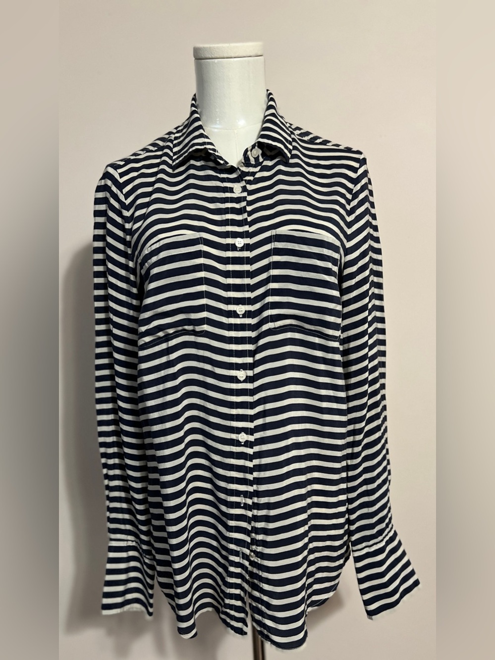 J. Crew Navy and White Striped Silk Blouse